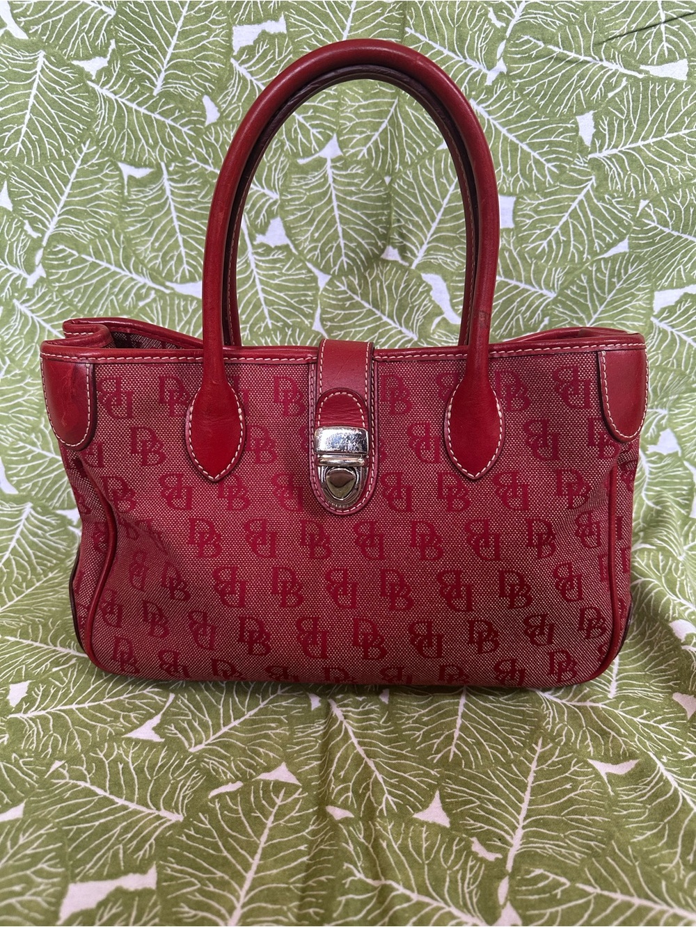 Dooney & Bourke Red Logo Canvas Tote with Leather Trim